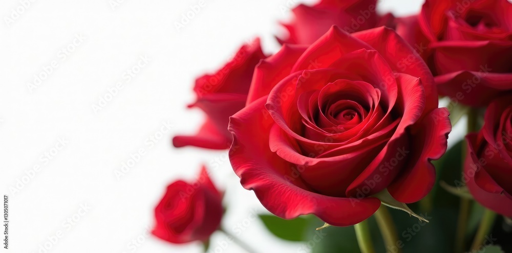 Red roses unfold petals softly against white backdrop, petal unfolding, rose bouquet, white background Red roses unfold petals softly against white backdrop, petal unfolding, rose bouquet, white background