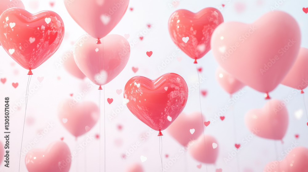 A whimsical arrangement of pink and red heart-shaped balloons, floating against a soft, pastel background, evoking love and joy. A whimsical arrangement of pink and red heart-shaped balloons, floating against a soft, pastel background, evoking love and joy.