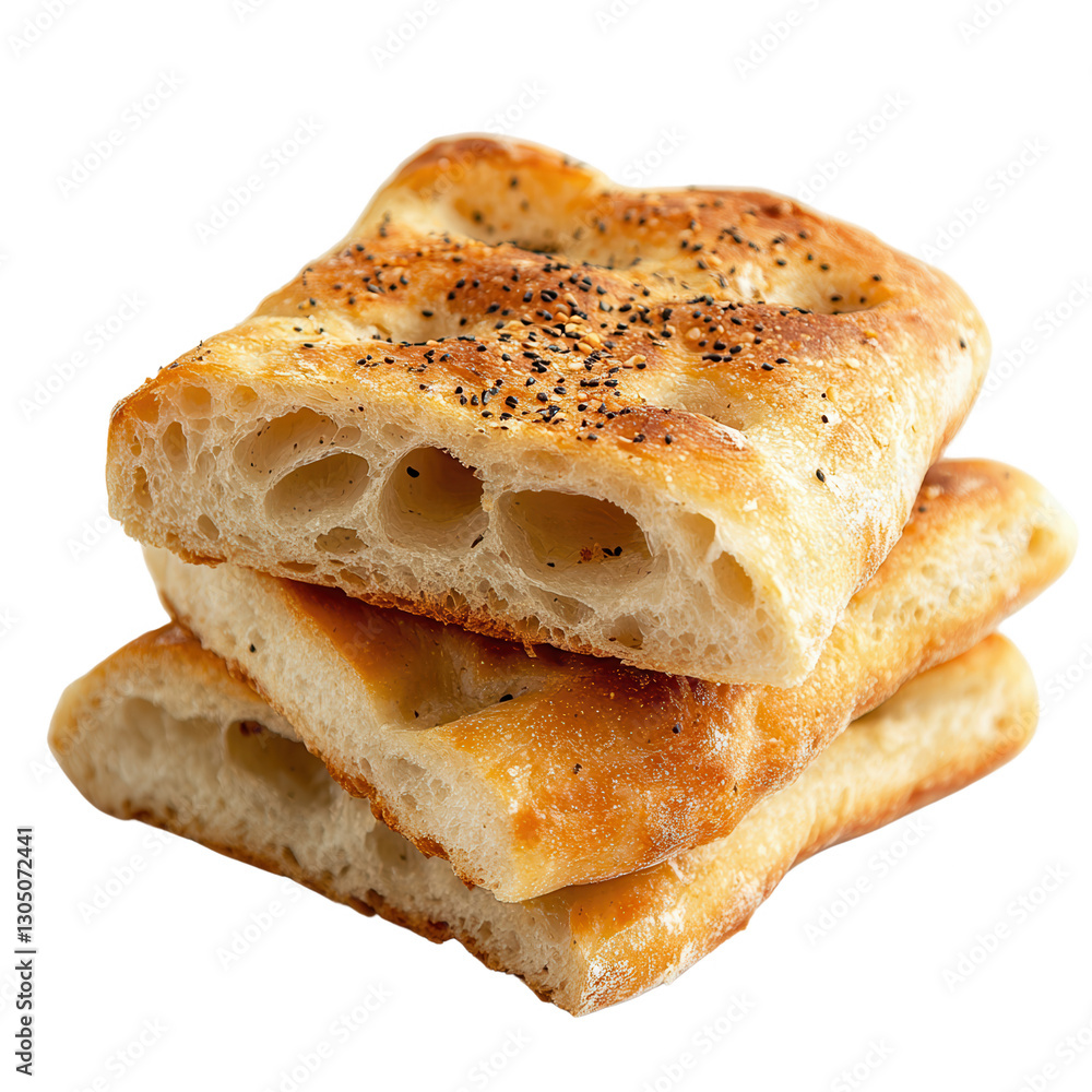 Freshly Baked Flatbread: A stack of three golden brown flatbreads, dusted with poppy seeds, showcasing the airy, slightly chewy texture of this traditional Italian bread. Perfect for a rustic meal. Freshly Baked Flatbread: A stack of three golden brown flatbreads, dusted with poppy seeds, showcasing the airy, slightly chewy texture of this traditional Italian bread. Perfect for a rustic meal.
