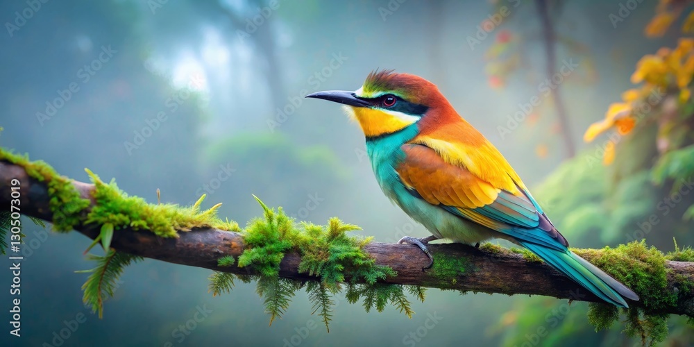 Obraz premium Vibrant feathered creature perched on a moss-covered branch in a serene, misty forest environment