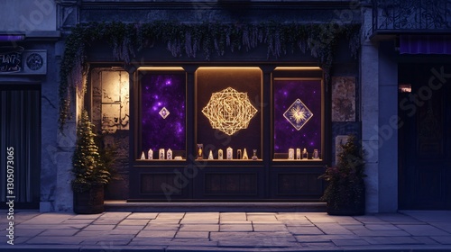 Mystical Shopfront at Night Illuminated Storefront Displaying Sacred Geometry and Cosmic Designs