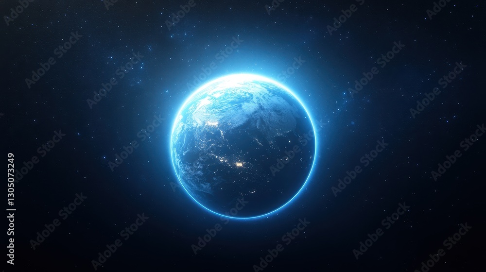 Glowing blue planet in vast space, vibrant cosmic scene, highlighting the beauty of the universe, perfect for sci-fi themes. Glowing blue planet in vast space, vibrant cosmic scene, highlighting the beauty of the universe, perfect for sci-fi themes.