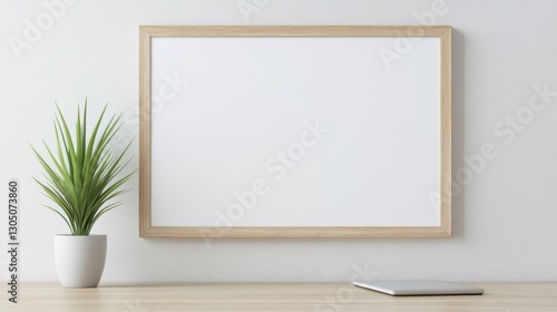 Minimalist blank frame on a wall, wooden frame, indoor plant beside it, perfect for adding your own artwork or messages.