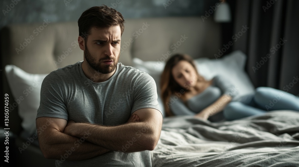 Fototapeta premium man with arms crossed with anger in bed and in the background his lying wife