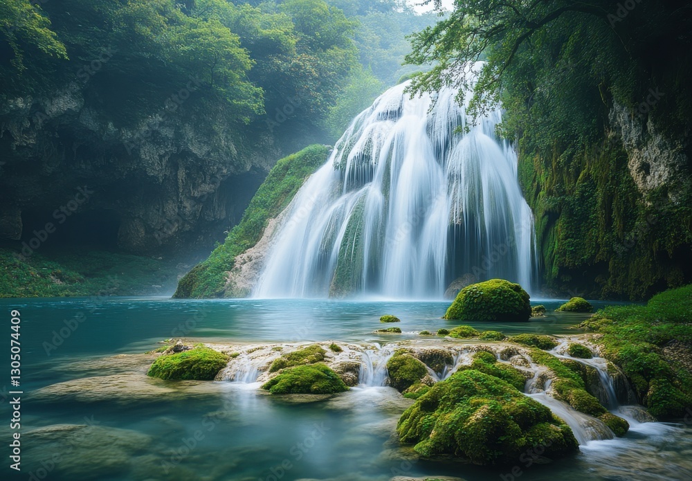 Naklejka premium Serene Waterfall Cascading Into Crystal Clear Pool Surrounded by Lush Greenery and Vibrant Botanicals in a Tranquil Natural Landscape