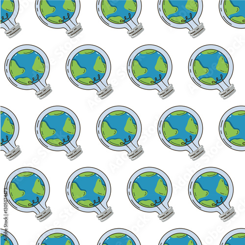 Vector seamless pattern of the Earth. A backdrop replicating Earth day, with the sweet smiling planet kawaii. Eco-friendly digital paper with a globe and a forest. Ecological design for wallpaper, tex
