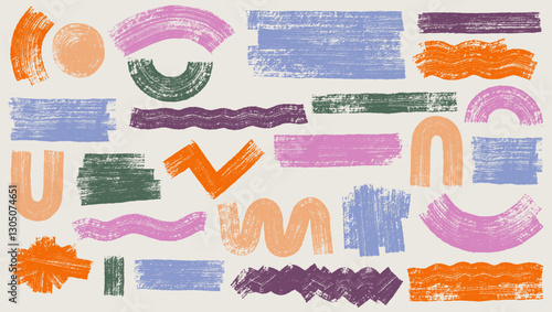 Hand Drawn Thick Grunge Lines And Abstract Shapes Set. Sketchy Bold Straight, Wavy, Zigzag Lines. Colored Ink Brush Strokes And Banners. Dry Grunge Marker Highlight Underline, Paint Bold Brush Strokes