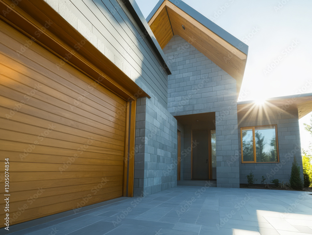 Modern residential architecture with wooden accents in bright sunlight Modern residential architecture with wooden accents in bright sunlight
