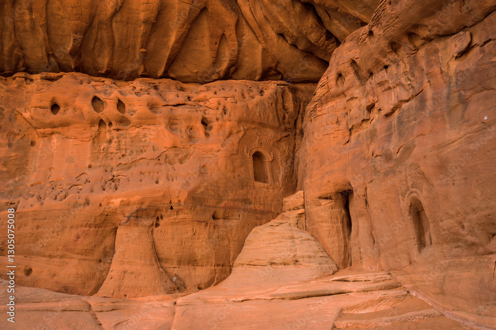 Engraved facades of Hegra tombs view, Saudi Arabia Engraved facades of Hegra tombs view, Saudi Arabia