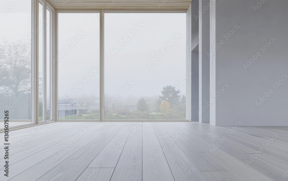 Fototapeta premium Bright and modern interior of an empty room with large windows overlooking a misty landscape