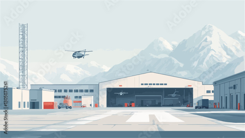 A digital illustration depicting a helicopter approaching a hangar at a mountain base.  The scene is set against a backdrop of snow-capped mountains. The hangar is a large, rectangular