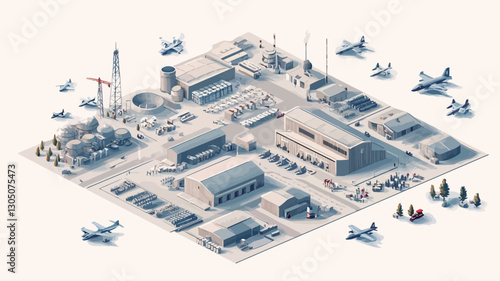 The image is a detailed isometric illustration depicting a sprawling military airbase and an adjacent industrial complex.  The illustration is rendered in a light blue and gray color