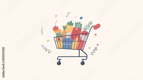 A digital illustration depicting a shopping cart filled with various colorful fruits and vegetables. The style is flat and minimalist with a white background.  The items in the cart are