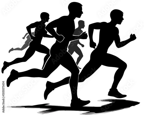 Silhouettes of running athletes in a dynamic pose on a white background