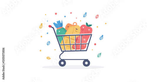 A digital illustration depicting a shopping cart filled with stylized representations of fruits and vegetables.  The cart is rendered in a simple, minimalist style with black outlines and