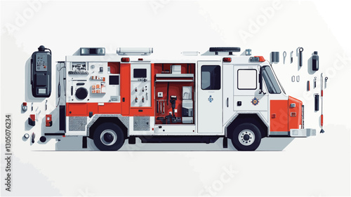A digital illustration depicting an exploded view of a firetruck. The image shows the vehicle's components separated and displayed against a white background, allowing for detailed viewing