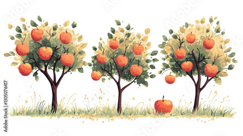 A digital illustration depicting three stylized apple trees laden with red apples. The trees are rendered in a painterly style with visible brushstrokes.  The trees are arranged in a row