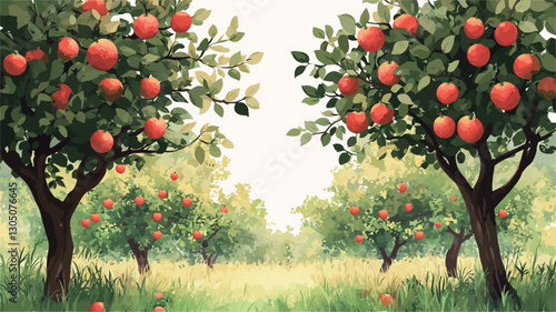 A digital painting or illustration depicting a vibrant apple orchard.  Two prominent apple trees laden with ripe red apples are centrally positioned, with additional trees and greenery