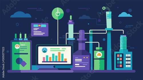Using digital twins and live data a chemical plant is able to closely monitor and control chemical reactions optimizing production and minimizing waste to increase efficiency and. Vector illustration