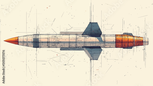 A detailed illustration of a missile, presented as a technical drawing or schematic. The image shows a top-down view of the missile, highlighting its components and structure.  The missile