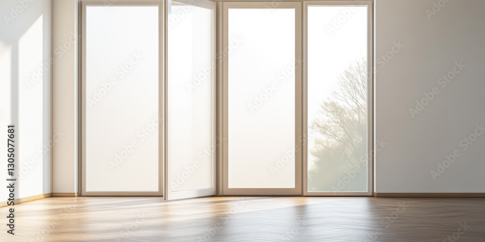 Fototapeta premium Large glass doors allowing natural light into a minimalist interior space in the morning