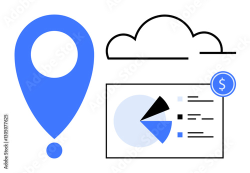 Location pin, cloud icon, analytics dashboard, and financial symbol. Ideal for data visualization, business growth, cloud services, financial planning, location tracking data analysis flat simple