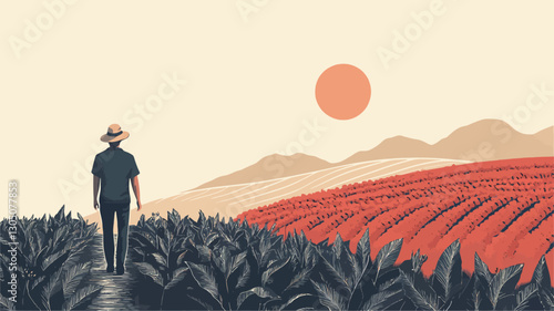 A stylized illustration depicting a man walking away from the viewer along a narrow path through a field of dark-toned plants towards a field of reddish-orange plants. The background