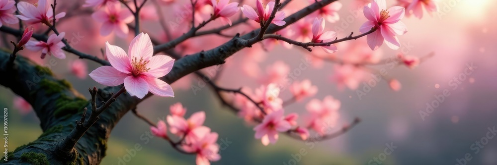 Soft pink petals unfolding on ancient sakura branches, serene, greenery, ancient tree Soft pink petals unfolding on ancient sakura branches, serene, greenery, ancient tree