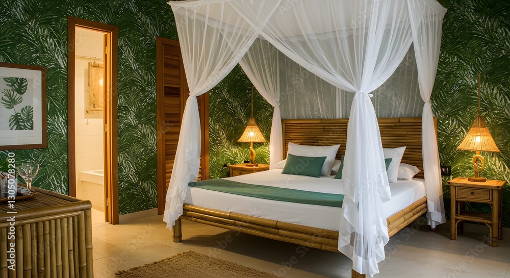 Cozy Tropical Bedroom with Canopy Bed and Lush Green Decor for Relaxation Cozy Tropical Bedroom with Canopy Bed and Lush Green Decor for Relaxation