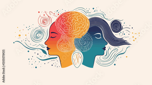 The image is an abstract illustration featuring two female profile heads facing opposite directions, rendered in warm and cool color palettes. One head is predominantly orange-red, the