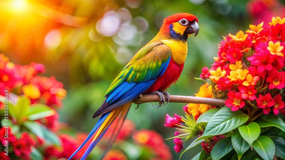 Obraz premium A vibrant parrot perched on a branch amidst a profusion of colorful blossoms, bathed in the warm glow of sunlight.