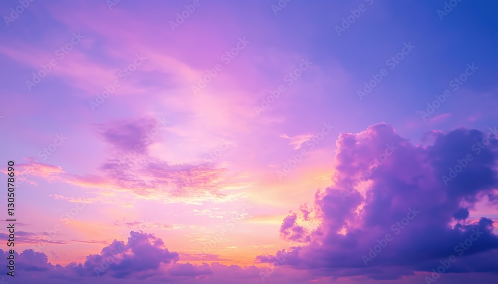 Tranquil Evening Sky View: Panoramic Sun Cloudscape In Rich Purple And Pink Tones Merging With Orange At Horizon, Soft Wispy Clouds, Twilight Backdrop. Tranquil Evening Sky View: Panoramic Sun Cloudscape In Rich Purple And Pink Tones Merging With Orange At Horizon, Soft Wispy Clouds, Twilight Backdrop.