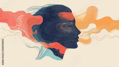 The image is a stylized digital illustration or painting of a person's head in profile. The style is abstract, with swirling, textured forms representing the person's inner world.  The