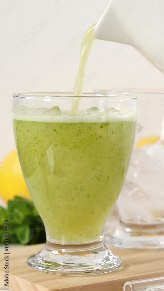 Pouring refreshing mint lemon smoothie in a glass. Vertical video. Close-up. Healthy homemade cold summer drink. Pouring refreshing mint lemon smoothie in a glass. Vertical video. Close-up. Healthy homemade cold summer drink.