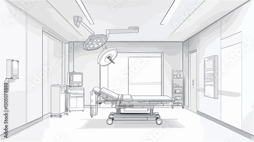The image is a monochrome architectural sketch or blueprint depicting the interior of a hospital operating room.  The sketch shows a rectangular room with a hospital bed in the center,