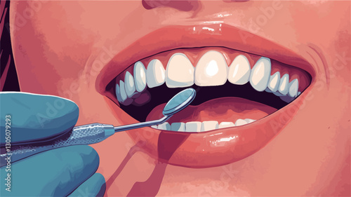 Close-up illustration of a dental examination.  The image shows a woman's open mouth with a focus on her teeth. A dental instrument, held by a gloved hand, is visible near the lower teeth.