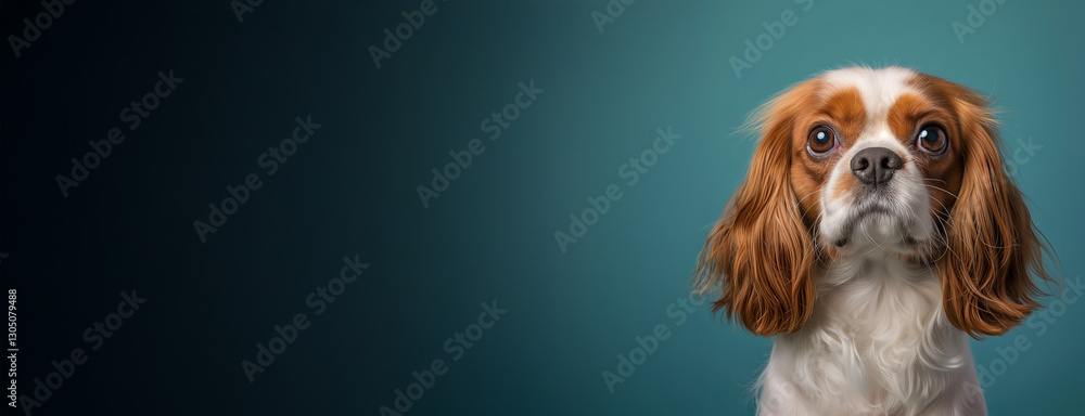 Naklejka premium Cavalier King Charles Spaniel dog on minimalistic colorful background with Copy Space. Perfect for banners, veterinary ads, pet food promotions, and minimalist designs.