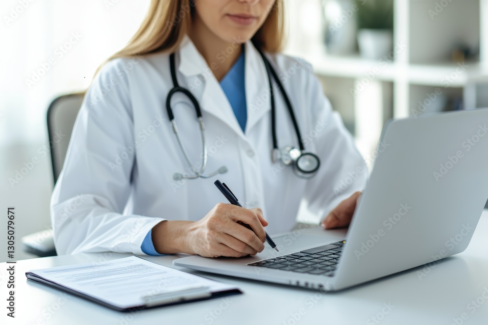A healthcare professional in a white coat uses a laptop to take notes, showcasing a blend of modern technology and medical practice. A healthcare professional in a white coat uses a laptop to take notes, showcasing a blend of modern technology and medical practice.