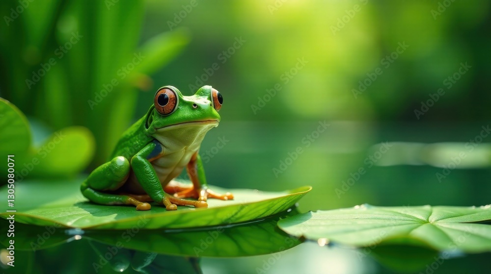 A Vibrant Green Frog Perched Serenely on a Lush Water Lily Pad, Basking in the Gentle Sunlight Filtering Through the Tranquil Foliage A Vibrant Green Frog Perched Serenely on a Lush Water Lily Pad, Basking in the Gentle Sunlight Filtering Through the Tranquil Foliage