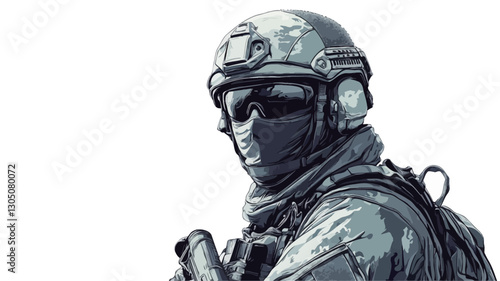 Close-up grayscale vector illustration of a soldier's face and upper body. The soldier is wearing a camouflage helmet, tactical eyewear, and a balaclava or face mask.  Part of a rifle or