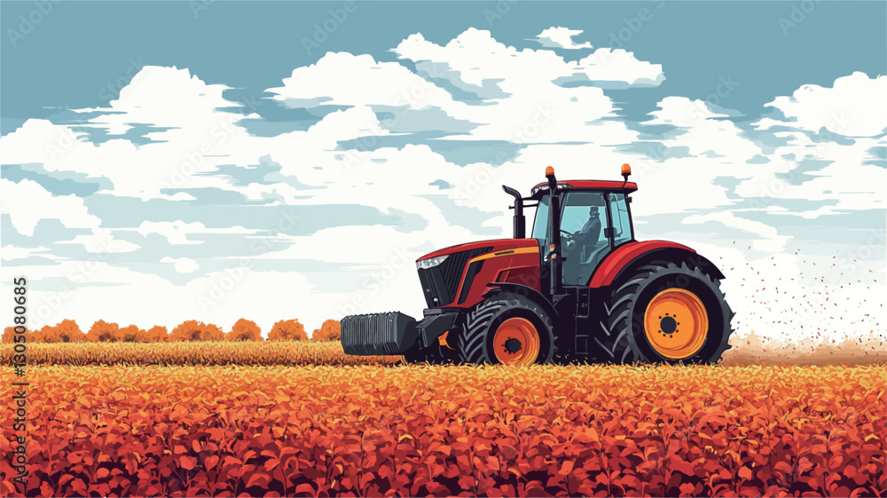 Obraz premium Digital illustration depicting a modern, red and black tractor positioned in a field of orange-hued crops under a partly cloudy sky. The tractor is shown in profile view, facing to the