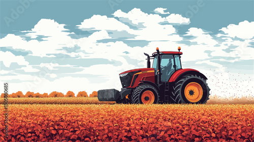 Digital illustration depicting a modern, red and black tractor positioned in a field of orange-hued crops under a partly cloudy sky. The tractor is shown in profile view, facing to the