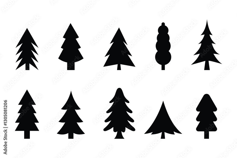 Black pine tree icon set. Flat style silhouette symbol website logo design. Pine trees banner concept vector isolated on white background. Christmas tree modern icons. Vector illustration. Black pine tree icon set. Flat style silhouette symbol website logo design. Pine trees banner concept vector isolated on white background. Christmas tree modern icons. Vector illustration.