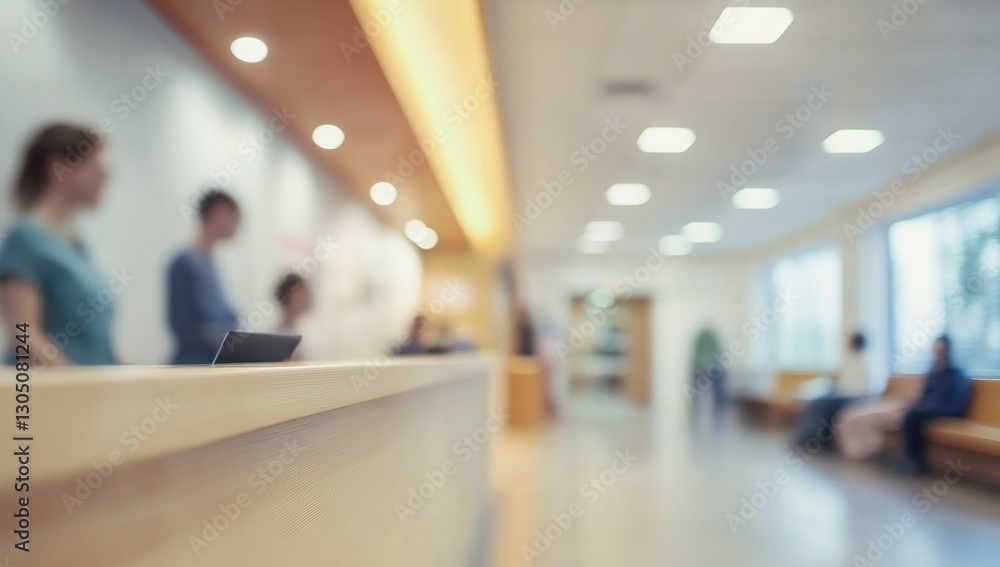Fototapeta premium Blurred Hospital Reception Area: Patients and Staff Waiting
