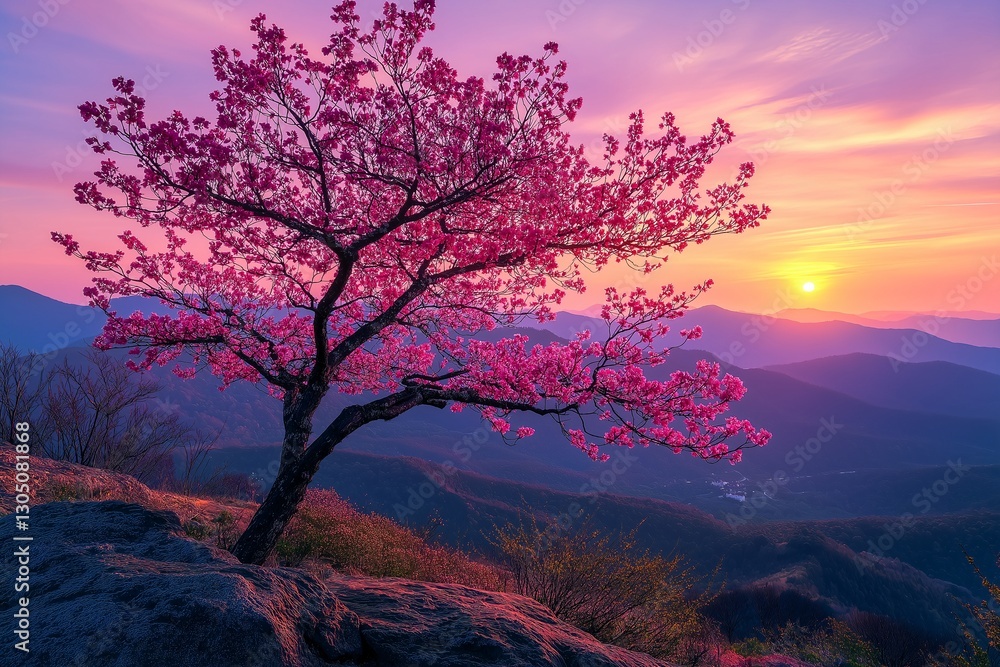 Fototapeta premium Spectacular sunset over pink cherry blossom tree mountain view nature photography tranquil environment