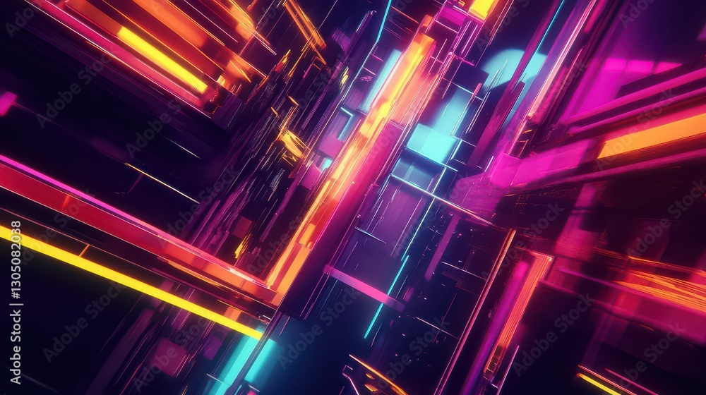 A mesmerizing abstract digital artwork of overlapping geometric shapes balanced in perfect harmony with vivid neon hues.
