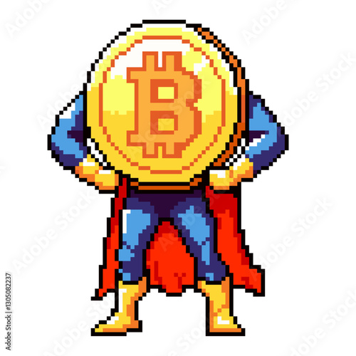 Bitcoin cryptocurrency pixelated superman art.