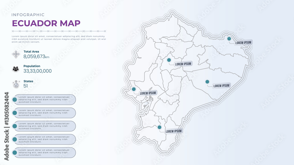 Fototapeta premium Total Area, Papulation, States & More Detailed Infographic Map of Ecuador. Ecuador country map infographic colored vector template with regions and pointer marks.