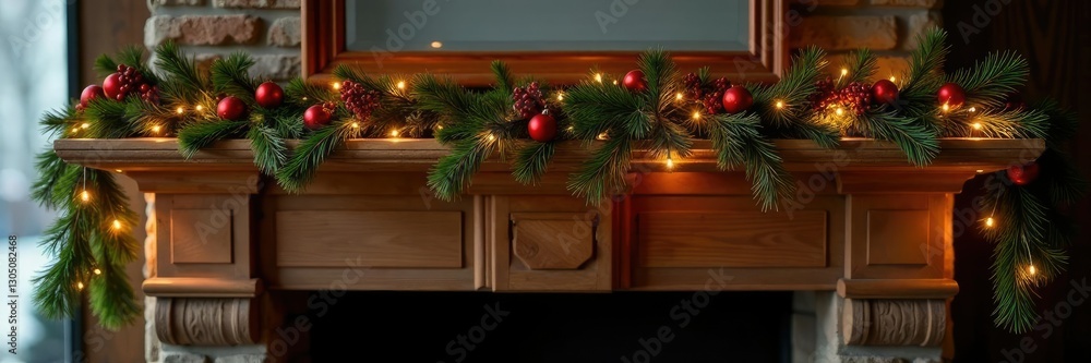 Twinkling red pine garland draped across a wooden mantel, holiday decor, cozy Twinkling red pine garland draped across a wooden mantel, holiday decor, cozy