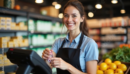Happy Female Grocery Store Cashier Working at Checkout Counter